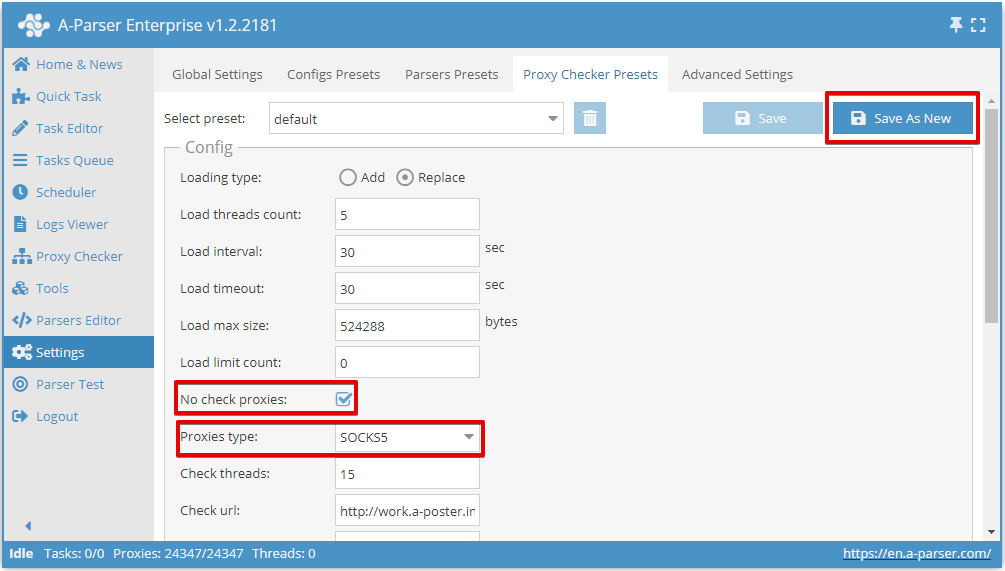 No check proxies - enable, Proxies type - SOCKS5