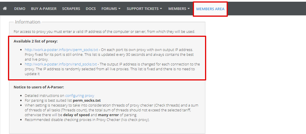 Proxy lists from Members Area