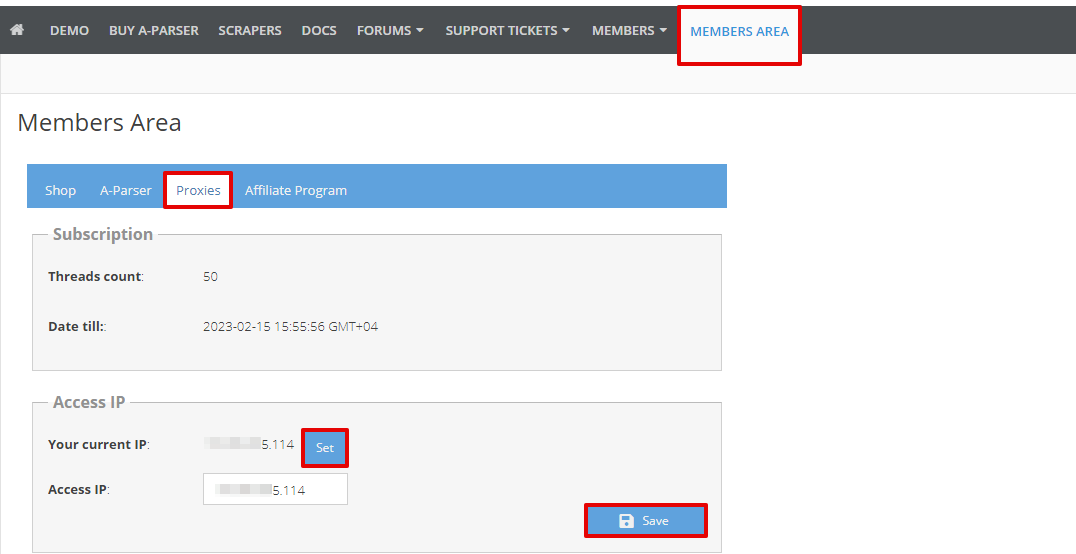 IP access to the proxy in Members Area