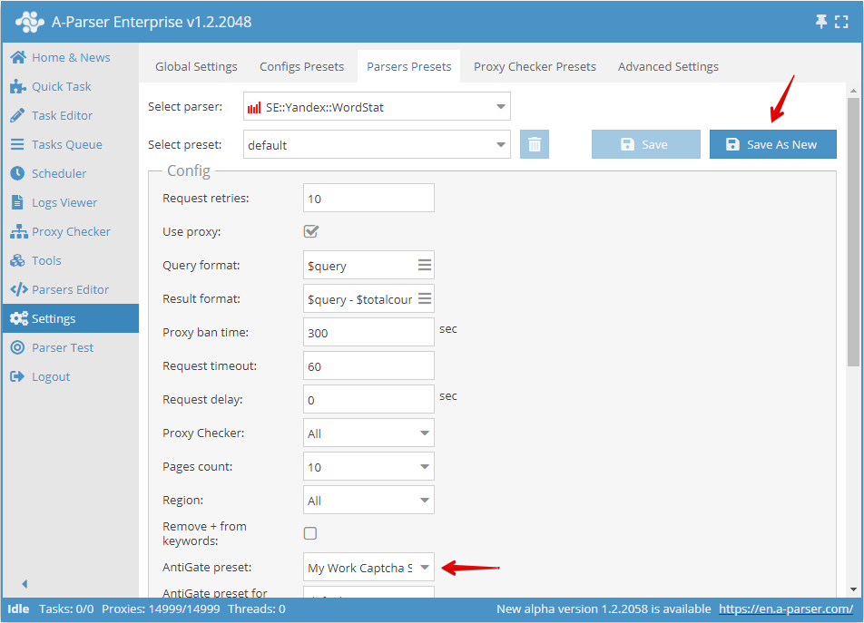 Step 3 - Selecting the AntiGate preset in the scraper settings