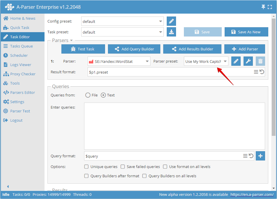 Step 4 - Selecting the scraper preset with the configured AntiGate