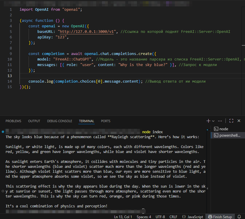 Connection to FreeAI::Server::OpenAI via nodejs + openai sdk