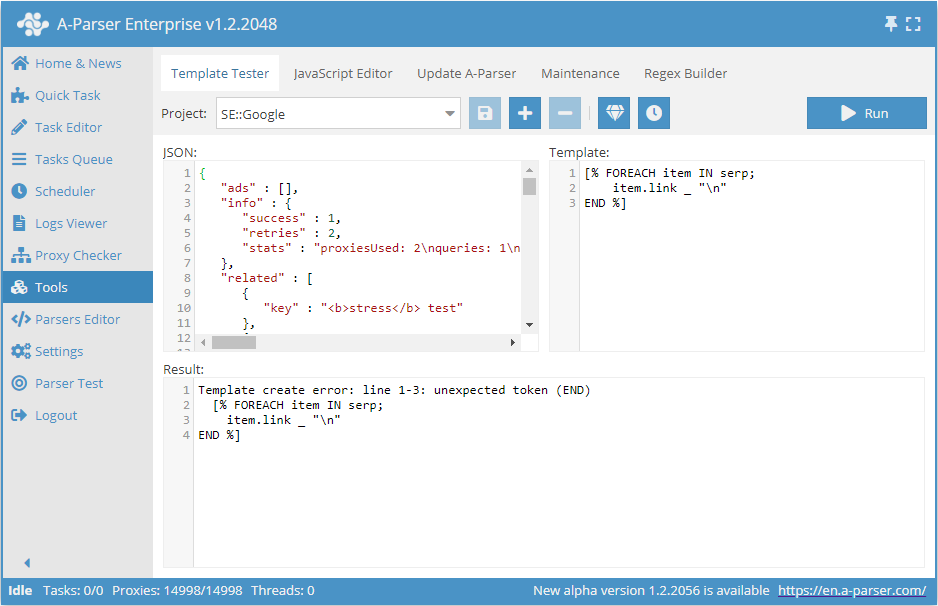 Example of error output in a template