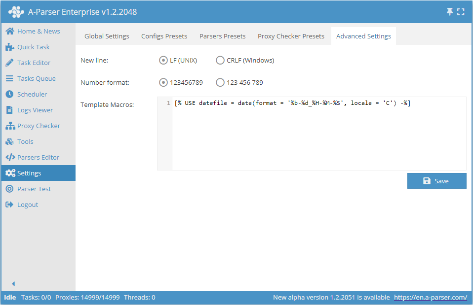 Selecting a saved preset for a specific parser