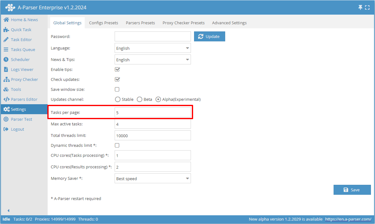 Count of tasks per page