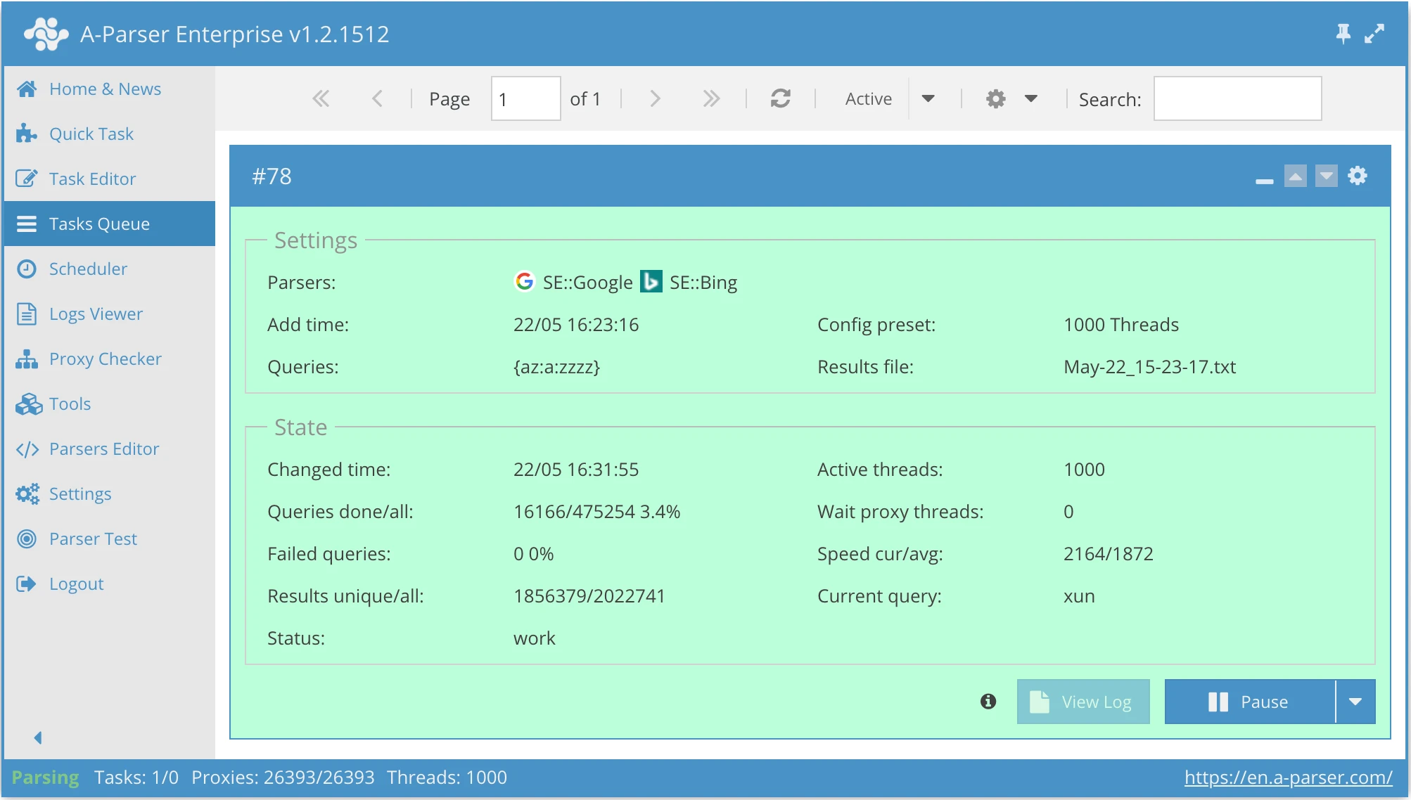 A-Parser interface screenshot