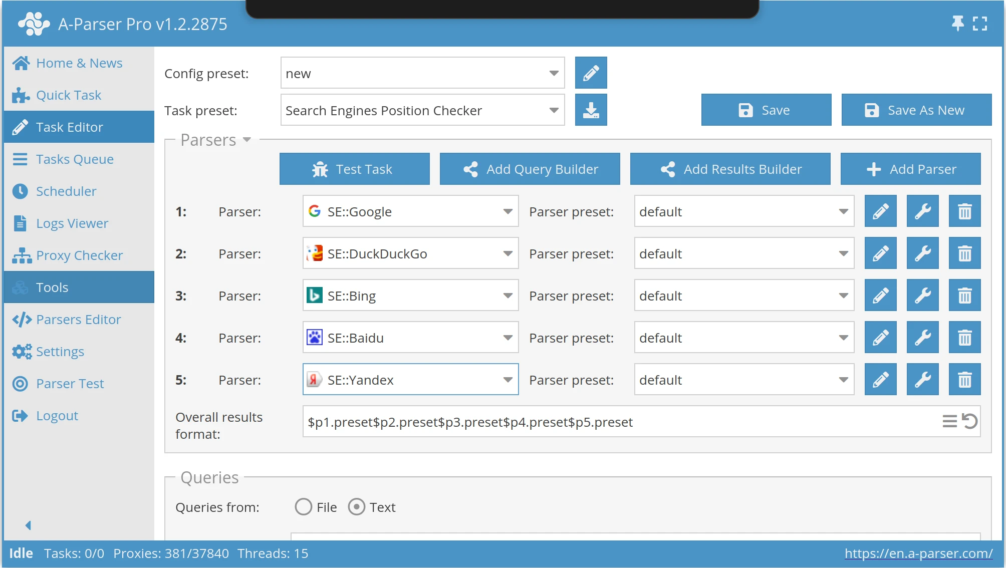 A-Parser Interface Screenshot
