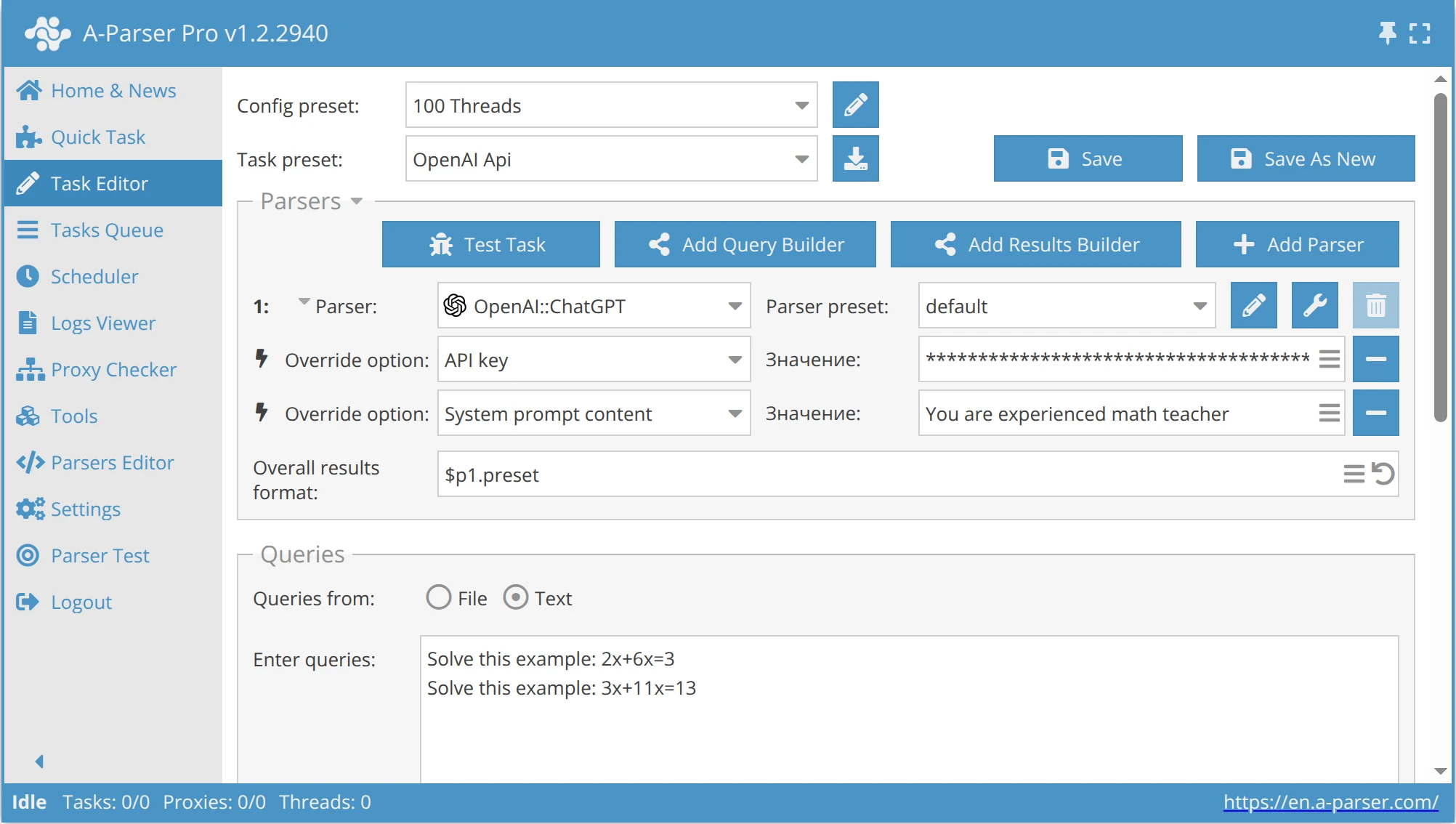 Integration with OpenAI API via A-Parser